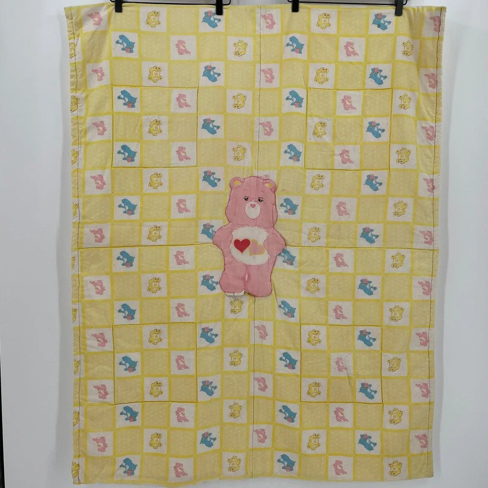Vintage 1980s Care Bears Handmade Baby Quilt Blanket Love a Lot 50x39